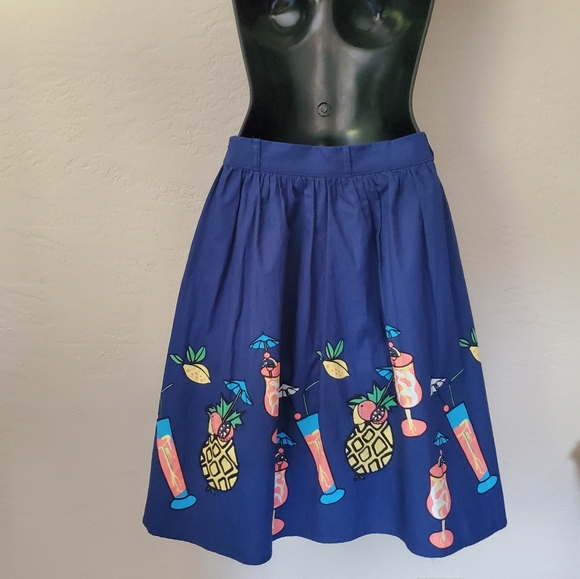 ModCloth Blue tropical Tiki drink Summer  skirt  small - Picture 5 of 6